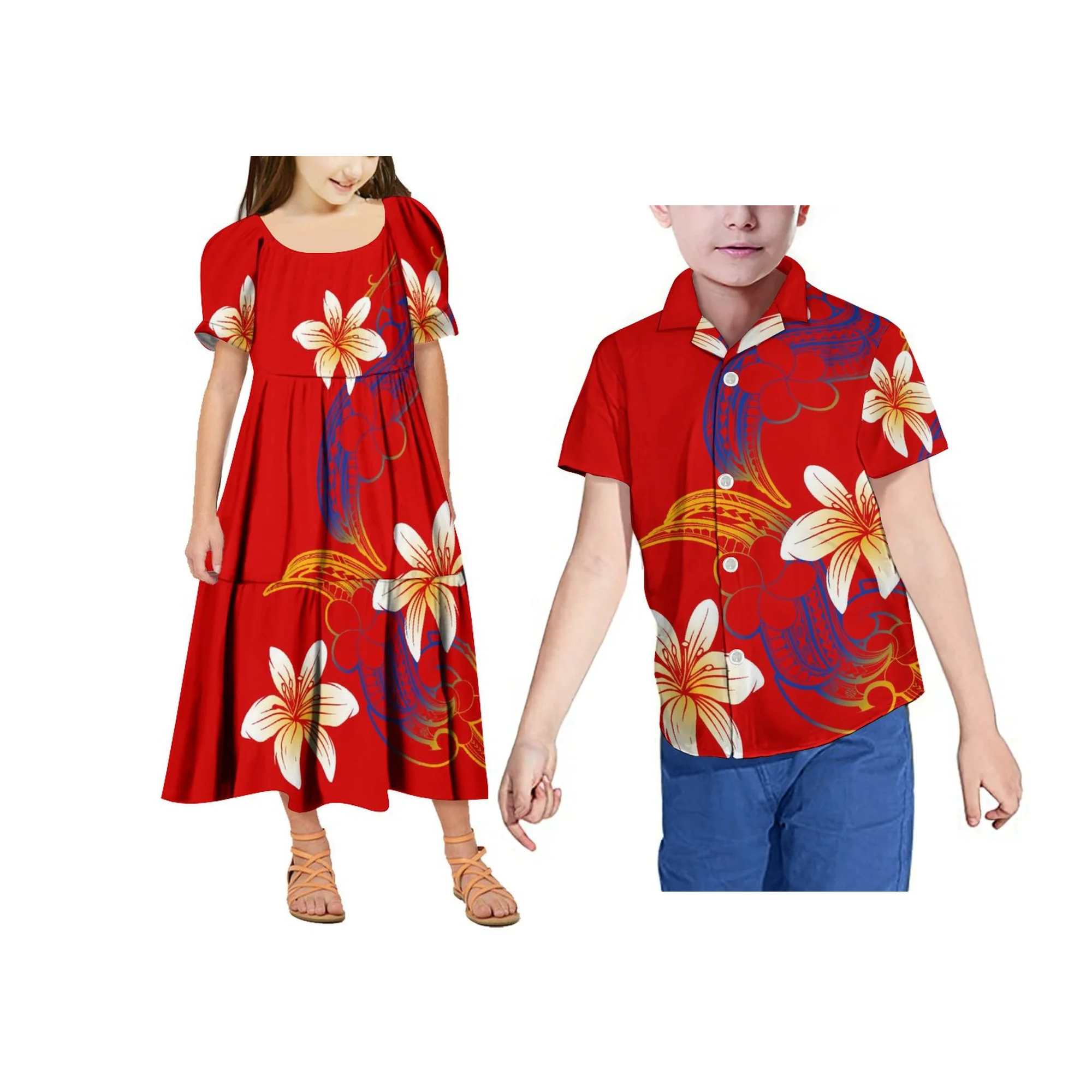 Novo estilo havaiano polinésia tribal impressão personalizado verão bebê menina vestido de manga curta inchado em camadas crianças vestido casual