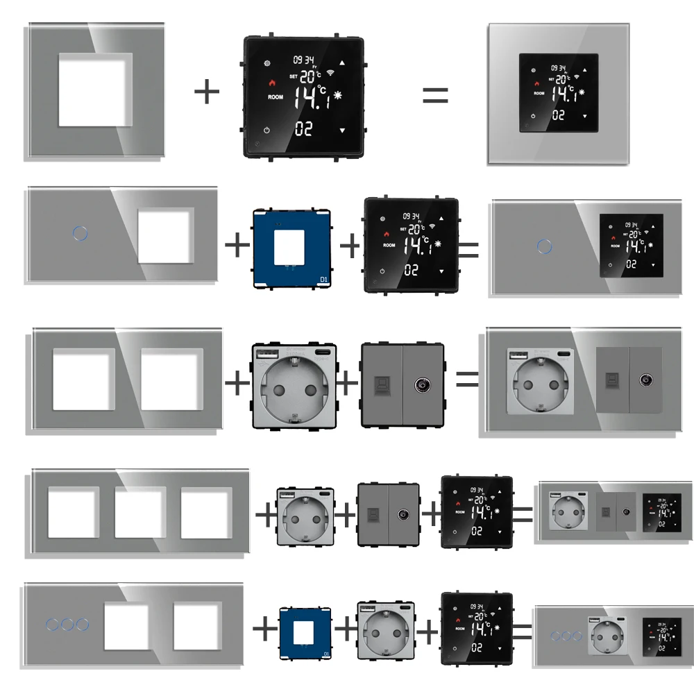 Zigbee Thermostat Tuya Smart Wifi Thermostat and Touch Light Switch/USB Socket/CAT6 TV Function Part DIY Combination Glass Panel