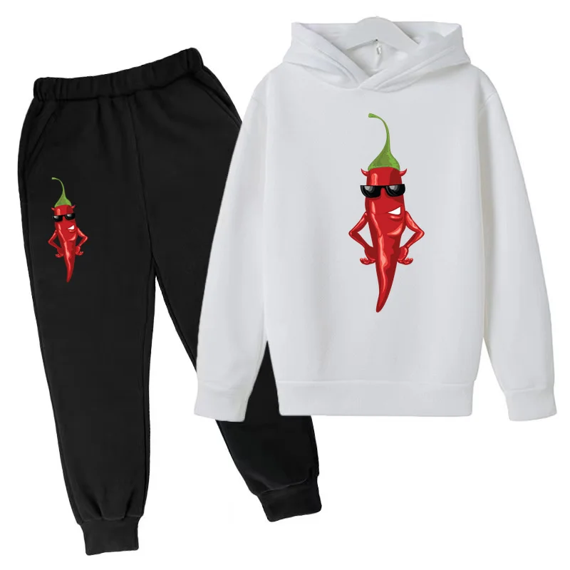 Boys and Girls '2-Piece Cartoon Hoodie e calças conjunto, moletom, Jumper, terno casual, topo, bonito, engraçado, pimenta impressão, crianças, criança, 3-12Y