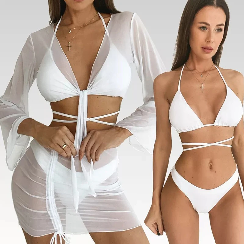 Microbikini Bandage a la moda para mujer, traje de baño Sexy de triángulo, conjunto de Bikini de malla transparente, ropa de playa 2025, nuevo traje de baño