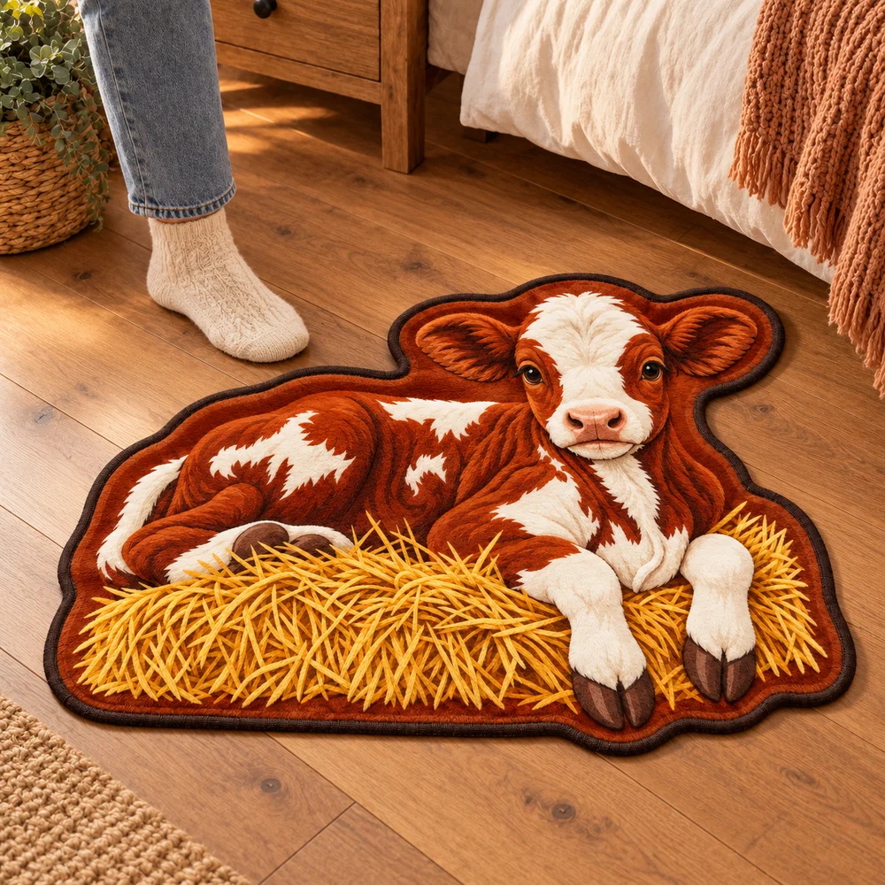 Calf on Hay Shaped Flannel Floor Mat Farm Animal Novelty Rug for Living Room Bedroom Entryway Reading Corner Home Decor Gift