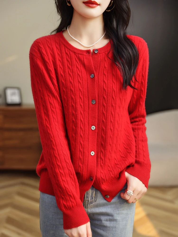 Women Merino Wool Sweater O-neck Twisted Cardigan Autumn Winter Cashmere Casual Knitwear Long Sleeve Soft Jacket Bottoming Tops