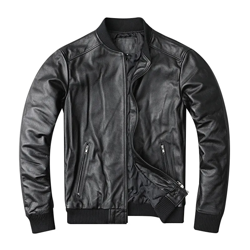 Men's Top-Grain Cowhide Leather Jacket - Casual Baseball Style, Plus Size, Quilted Lining, Spring & Autumn Outerwear 6XL