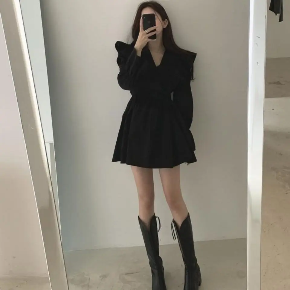 Women Ruffles Dresses Sweet V-neck Lantern Sleeve Lace-up Mini Womens Vestidos Vintage Ulzzang Slim Elegant Streetwear Versatile