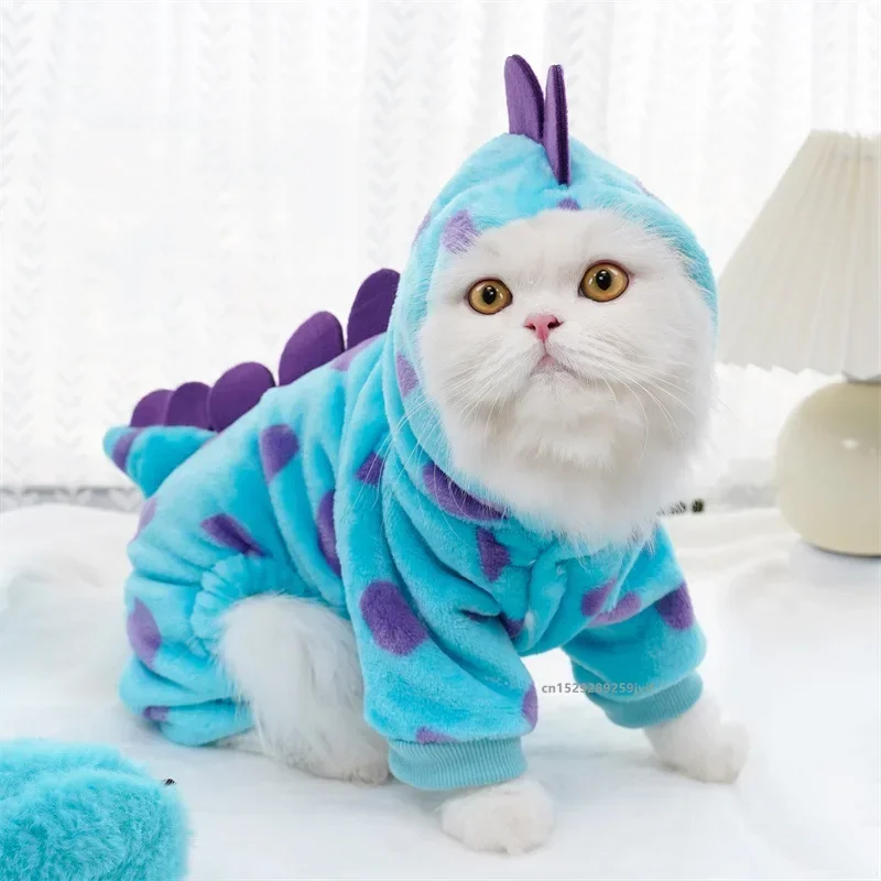 1PC Pet Clothing Dog Cat Autumn and Winter Thickened Warm Blue Dinosaur Hooded Coat For Small Medium Dogs