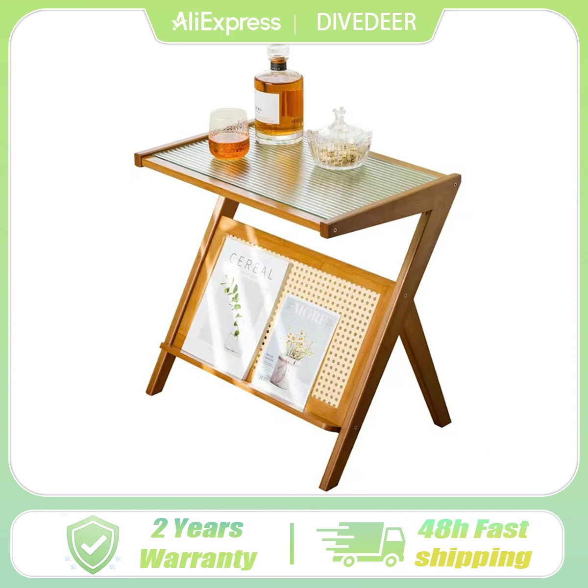 

DIVEDEER Home Bamboo Sofa Side Table Living Room Small Coffee Table Bedroom Nightstand Balcony Glass Side Table
