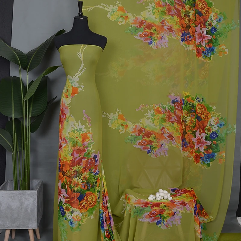 HYSK pure silk georgette fabric largeflower pattern unique romantic bohemian digital printed heavy silk chiffon for robes Q3497