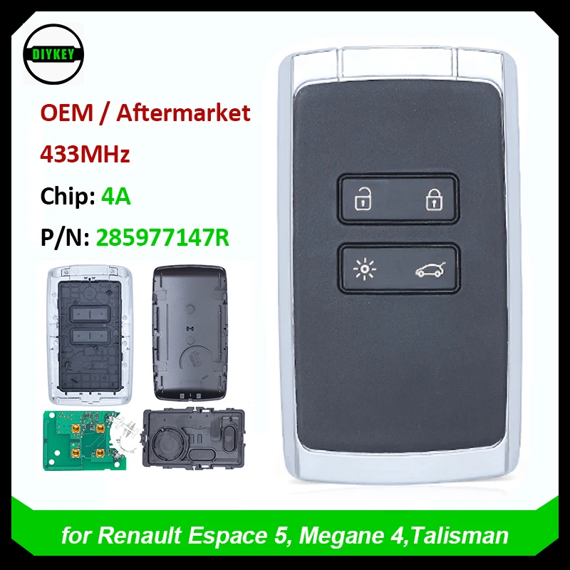 DIYKEY 4 Button Original Keyless GO Smart Key for Renault Talisman PCF7953M HITAG AES 4A Chip OEM Remote Fob 433 MHz 285977147R