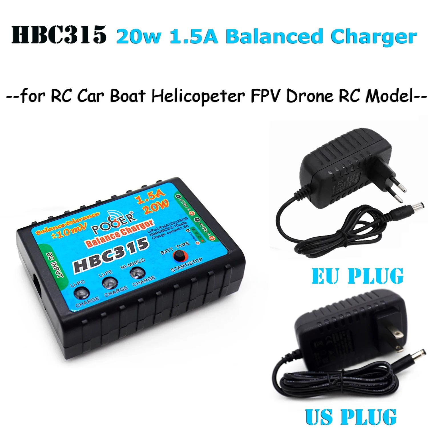 

HBC315 Сбалансированное зарядное устройство 20 Вт, 1,5 А с адаптером, вилка США/ЕС для 2/3S Lipo LiFe 2-10S NIMH NICD Зарядное устройство Аксессуары для радиоуправляемых моделей