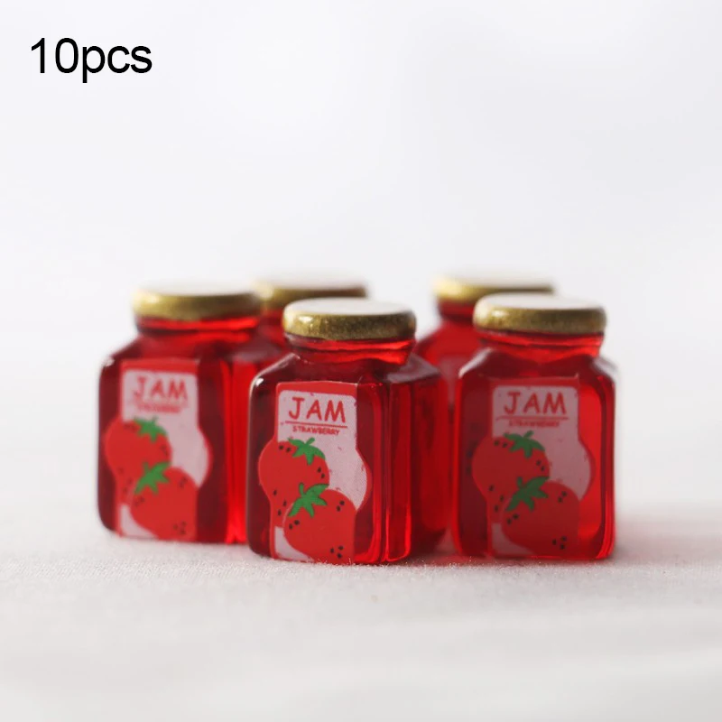 10Pcs Resin Simulation Strawberry Honey Jam Bottle Dollhouse Miniature Decoration for Home Mini Bottle Ornaments Kids Gift