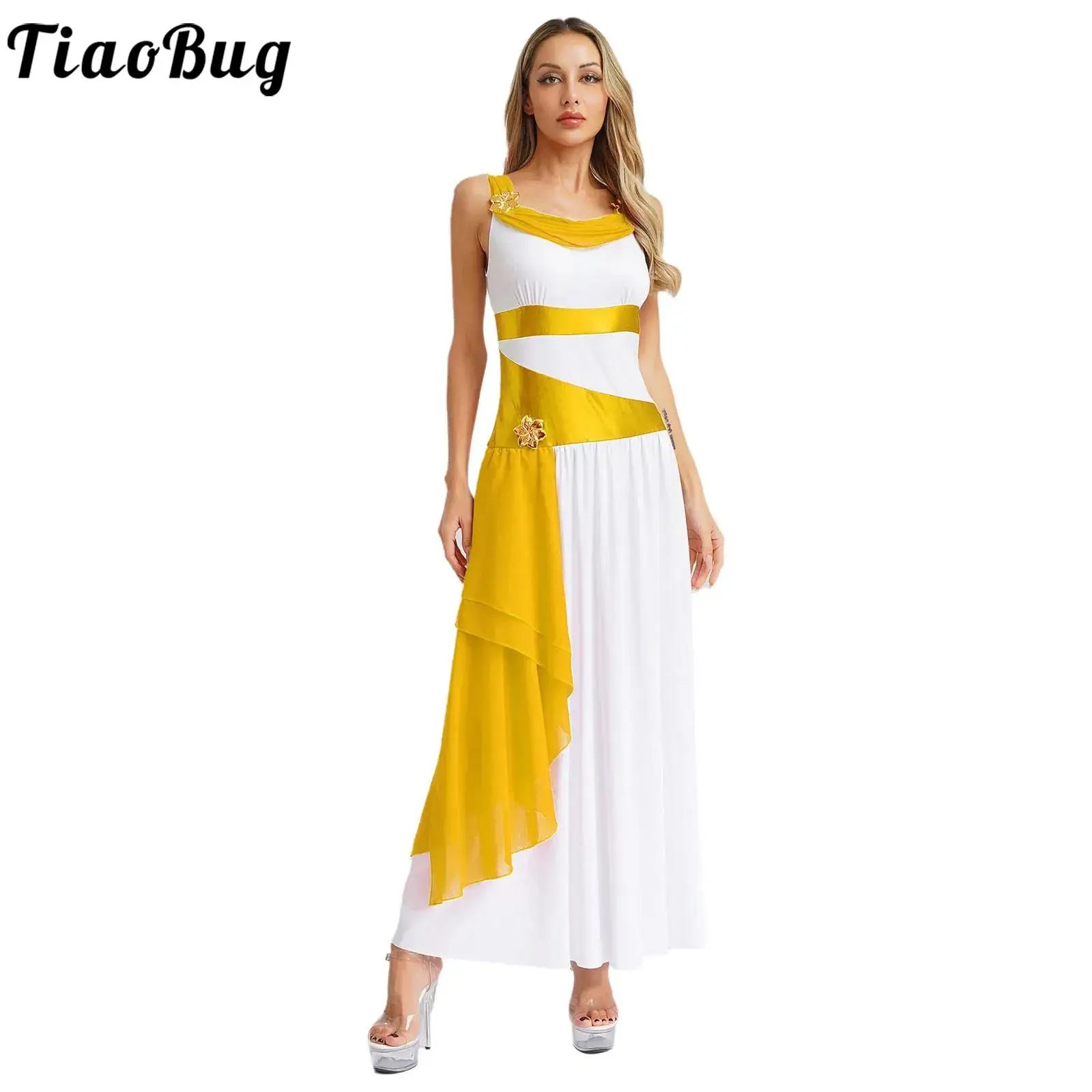 

Women Ancient Grecian Queen Toga Costume Robe Worship Praise Wear Sleeveless Flower Decor Dress for Halloween Cosplay Costumes