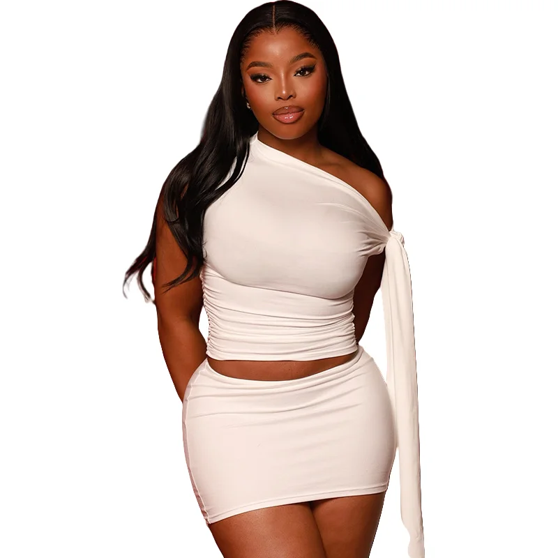 

Women's Diagonal Collar Sleeveless Bandage Pleated Irregular Crop Tops & Mini Skirt, Hips Wrapped, Solid Color, 2pcs Set