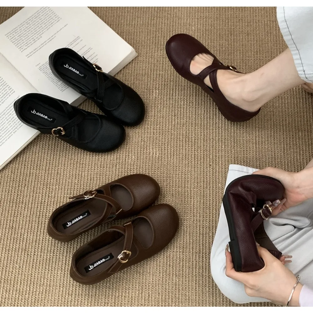 

Retro French-style High-heel Cross-stitch Mary Jane Shoes Women Single Shoe New Style Shallow Toe Ballet Shoes Zapatilla Mujer