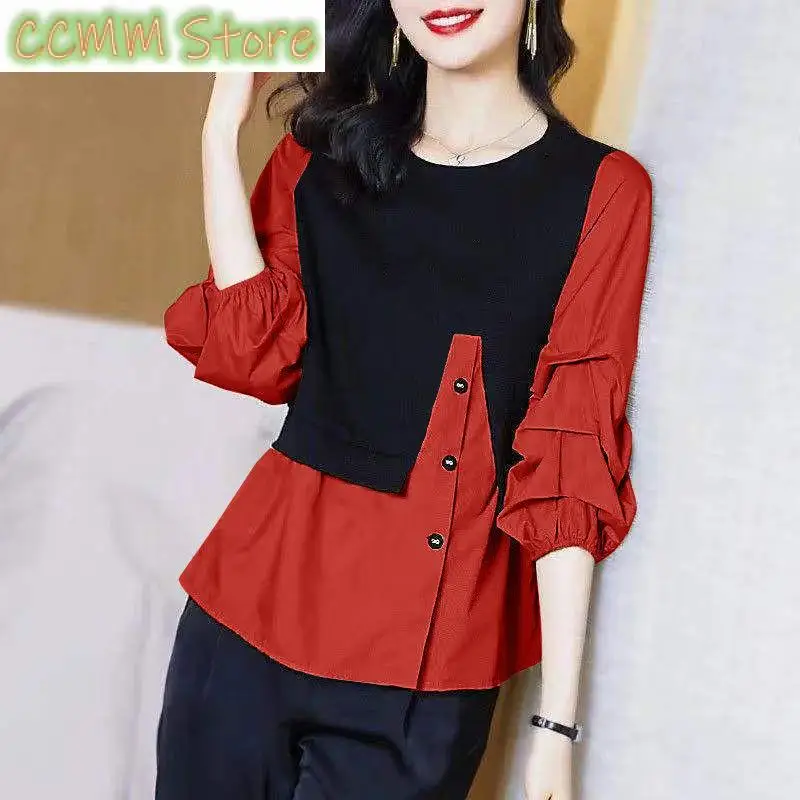 

Fashion Folds Button Spliced Fake Two Pieces Blouse Women's Clothing Autumn New Casual Tops Lantern Sleeve Korean Shirt