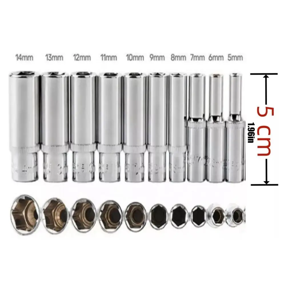 Hex Socket Wrench Head Set 1/4 3/8 1/2 Short Long Socket Driver Sleeve Spanner Ratchet Tool Mirror Ratchet Wrench Socket Head