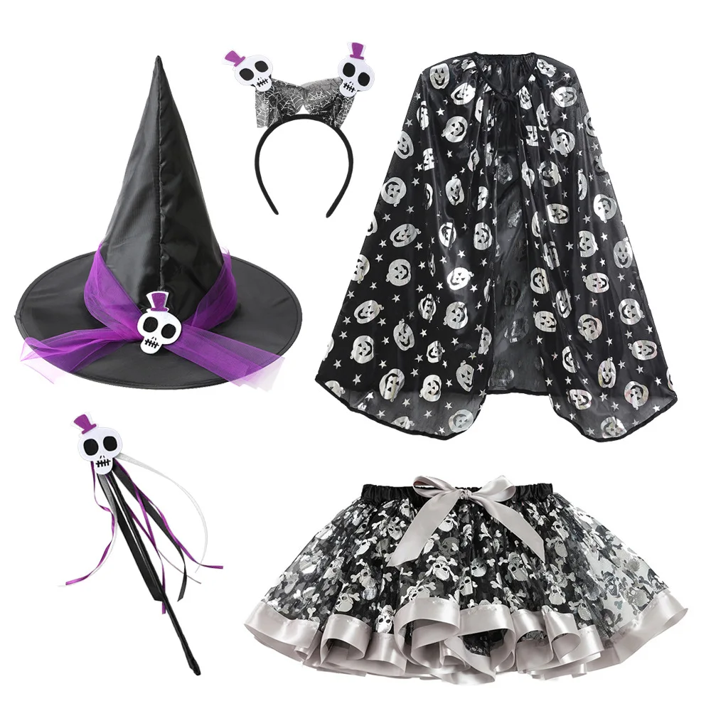 Girls Halloween Witch Costume Sets Tutu Skirt With Hat Broom Headband Cloak Elf Props Pumpkin Print Witch Party Dress Up Clothes - Image 5