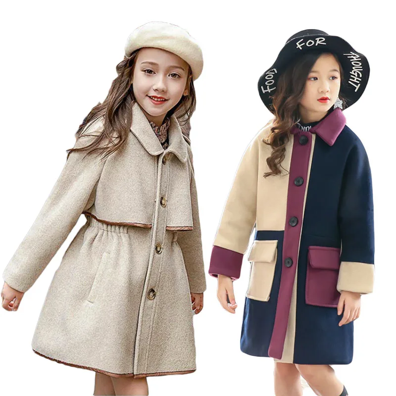 

Grils Woolen Coat Winter Thick Outwear Big Girl Cotton Trench Jackets Children Fashion Warm Long Outerwear Wind Cloak 4-14Y