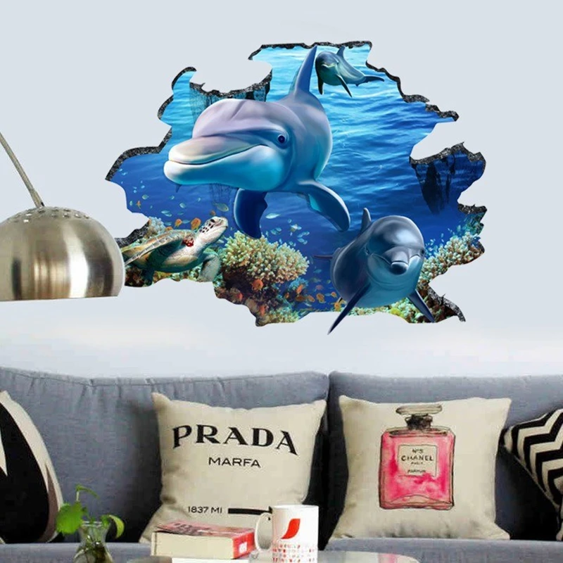 Broken Wall Hole Art Seabed World Cute Sea Fish Turtle Dolphin Vinyl Mural Stickers for Home Decoration Aesthetic Rooms Porch