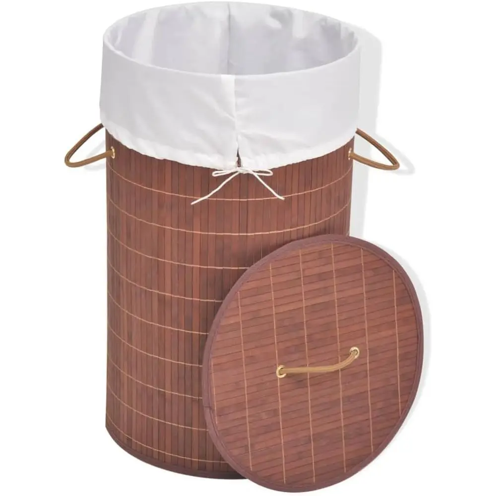 Bamboo Laundry Hamper Round with Removable Liner, oldable Storage Basket or Dirty Clothes, Toys Organizer or Bedroom Bathroom Br