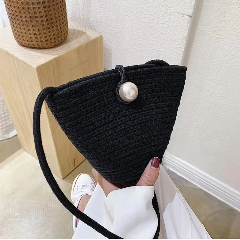 Bolso de cubo de perlas tejidas de paja, bolso de playa de vacaciones, bolso de cubo de un hombro, bolsos de paja