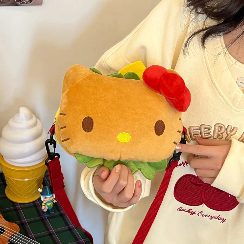 Kawaii Sanrio Hello Kitty Hamburger Funny Plush Shoulder Bags Cute Cartoon Stuffed Y2K Korean Style Crossbody Gifts For Girls