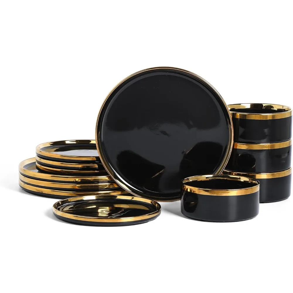 

Керамическая посуда Christian Siriano Solene, набор столовой посуды из 12 предметов, сервировка 4, черный с золотой отделкой, глянцевый