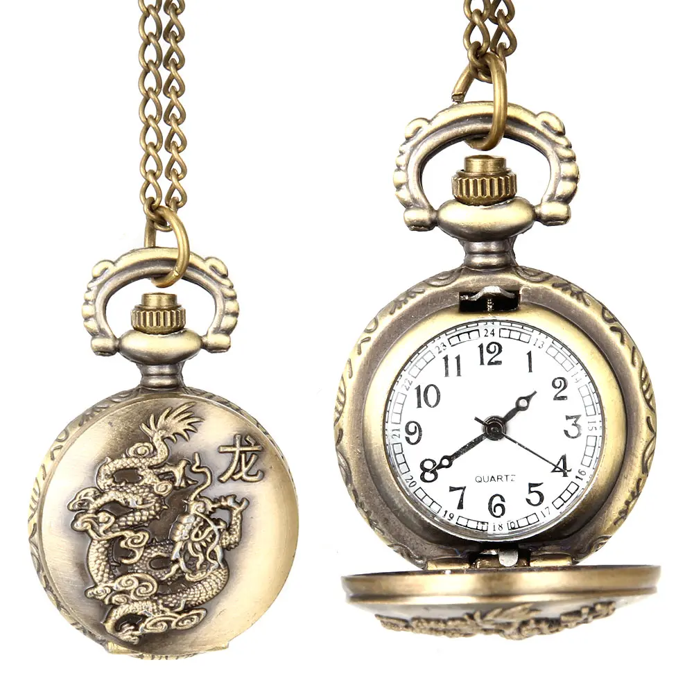 Fashion Unisex Vintage Quartz Pocket Watch Alloy Flying Dragon Necklace Pendant Men Women Sweater Chain Clock Gifts LL@17