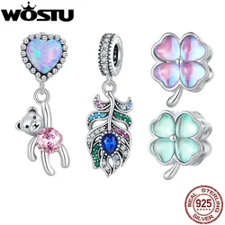 WOSTU-abalorio de Plata de Ley 925 con forma de trébol rosa, colgante de pluma de pavo real, globo, oso, compatible con Pulsera Original, collar artesanal