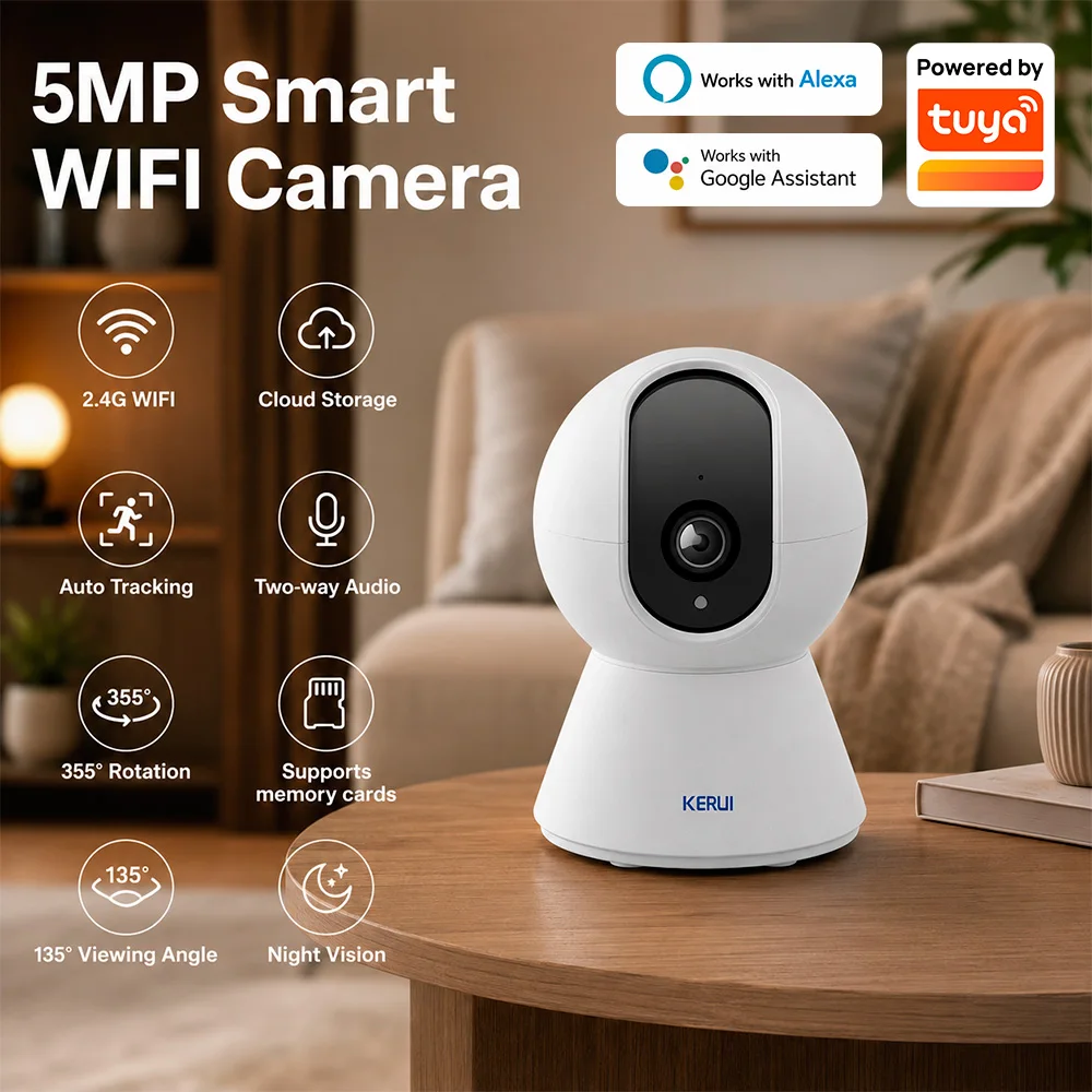 KERUI Indoor PTZ Camera 5MP Wireless IP Camera Work with Tuya Smart Video Surveillance Camera Home Security Google Assistant