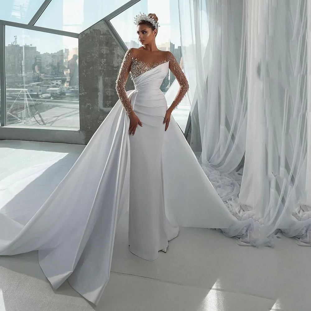 Robe de Mariée Sirène Sexy à Manches sulf, Vêtement Éducatif Vintage avec Surjupes et Perles Brillantes, pour Patients, 2023