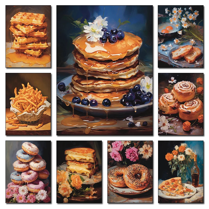 Retro Nordic Country Kitchen Biscuit Bread Fries Bagels Donut Still Life Art Poster Canvas Paintings Wall Art Picture Home De