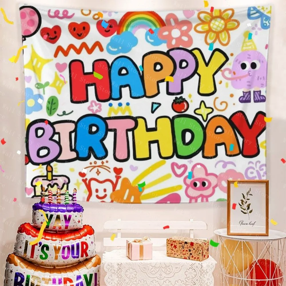 Happy birthday Tapestry  Cute cartoon for boys and girls Tapestry party decoration Tapestry Living Room Tapestry Arcade Tapestry