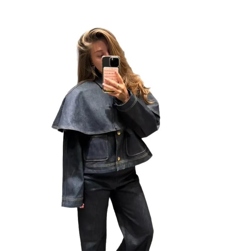 2025 Autunno Inverno New Vintage Giacca a maniche lunghe in denim blu scuro da donna Top versatile casual multitasche allentato