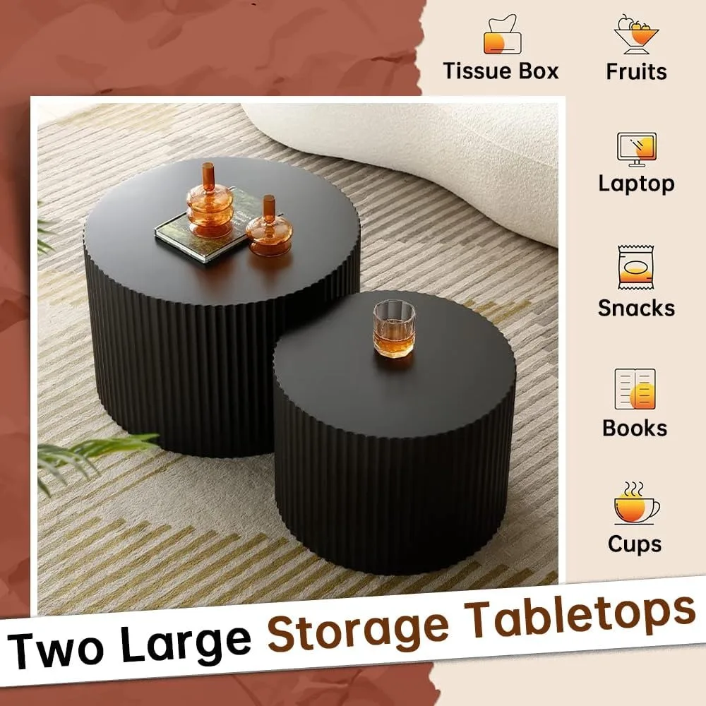 مجموعة طاولة القهوة المستديرة المتداخلة مكونة من 2 طاولة قهوة حديثة مخددة باللون الأسود وطاولة قهوة دائرية صغيرة وطاولة جانبية دائرية