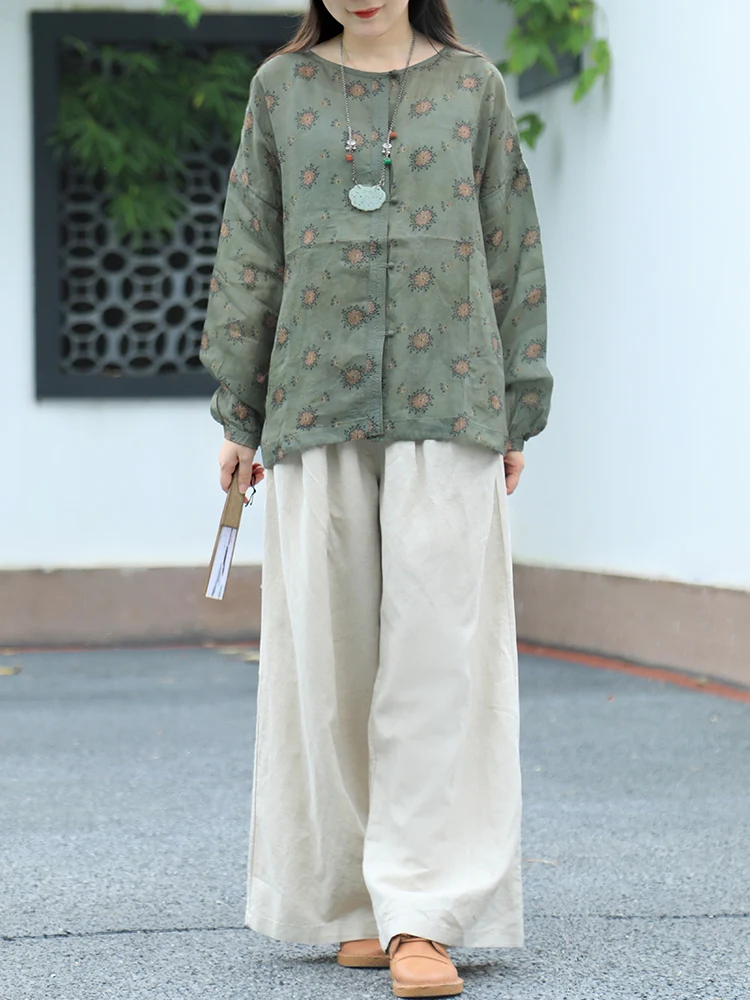 

Retro Casual Simple Long Sve Pure Linen round Ne Women's irt Artistic Floral Pattern Commute Autumn New Sle Top