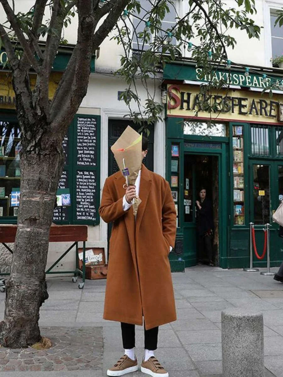 

Thiened Cotton Tweed Coat Men's Mid-Length Briti Sle Loose Belted Color Lapel Windbreaker Outerwear for Men