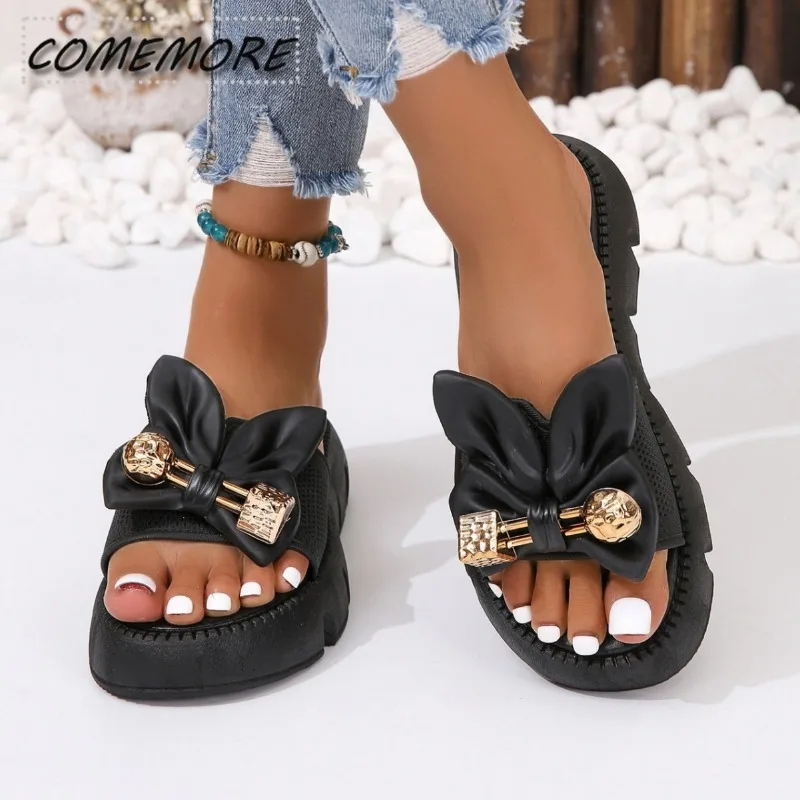 White Bowknot Platform Slippers for Womens Summer Non-Slip Thick Bottom Sandals Woman Fashion PU Leather Beach Flip Flops Ladies