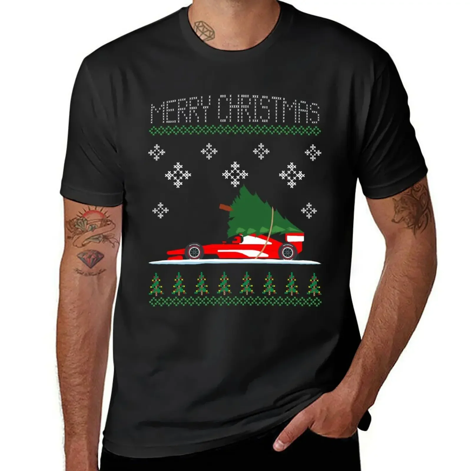 Red Formula Christmas Car T-Shirt graphics summer top t shirts for men cotton