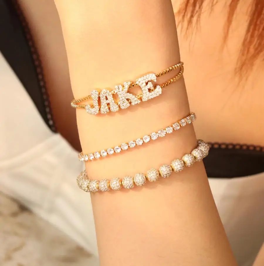 

DOREMI Gold Inlaid Zircon Brass Letter Name Women's Bracelet Bubble Letters Crystal Name Bracelets DIY Slide Bead Name Bracelet