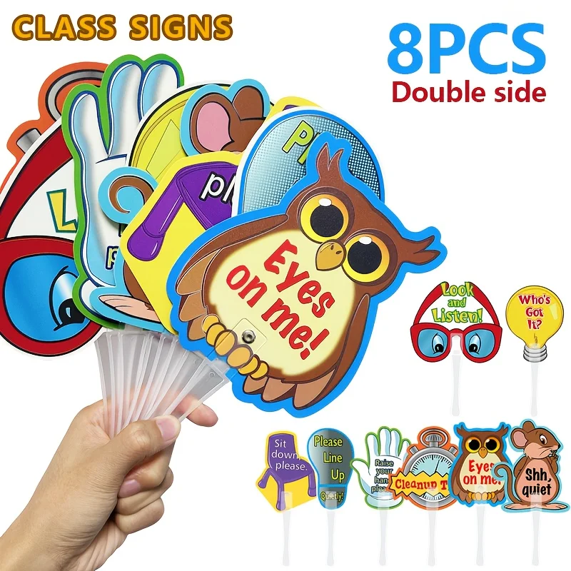 

8pcs Classroom Management Instruction Hand Signs Teaching Aids, Teacher Signal Indicator Cards,Children's Early Education