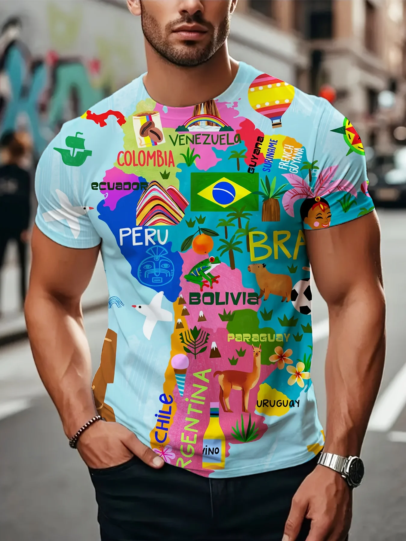 تي شيرت رجالي بطباعة ثلاثية الأبعاد لكامل الجسم من أمريكا اللاتينية - البرازيل والمكسيك وأعلام الأرجنتين والعلامات المميزة (Christ the Redeemer، Llama #3