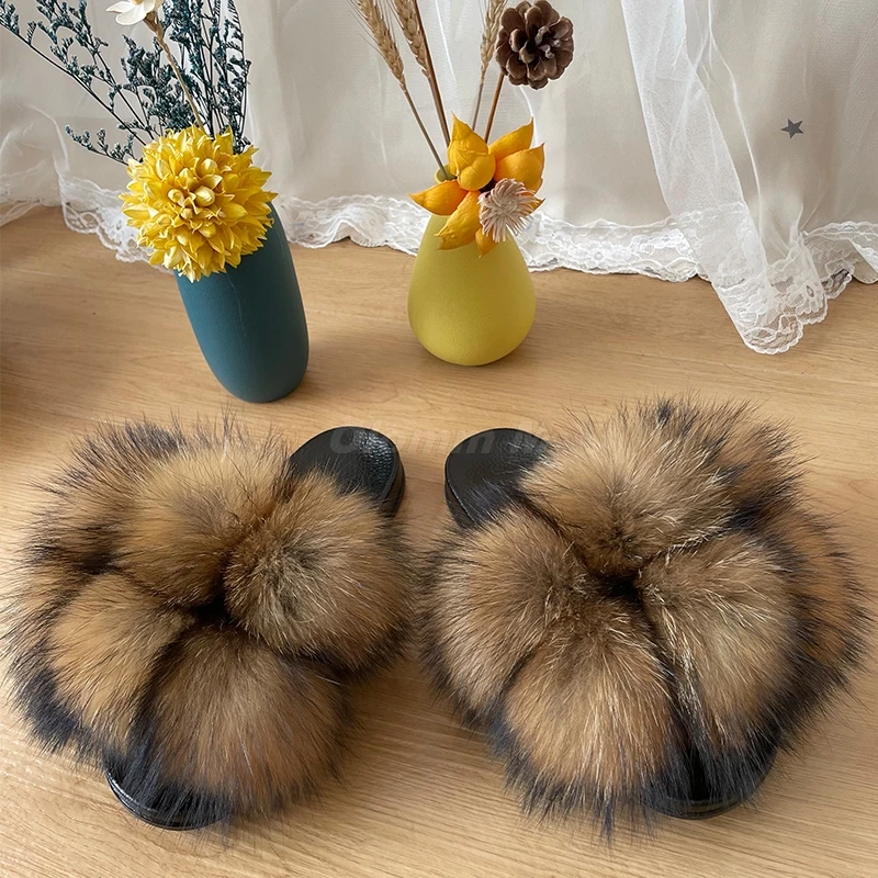 Women Summer Real Fox Fur Slides Women Non-slip Fluffy Fur Slippers Women Furry Slippers Ladies Cute Plush Fox Hair Slippers Hot