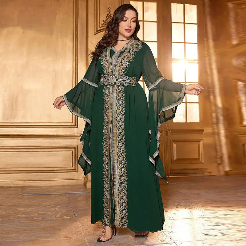 KY795 Muslim women's long robe with decals, hot stamping, simple lace, slim fit temperament, Arab plus size dress