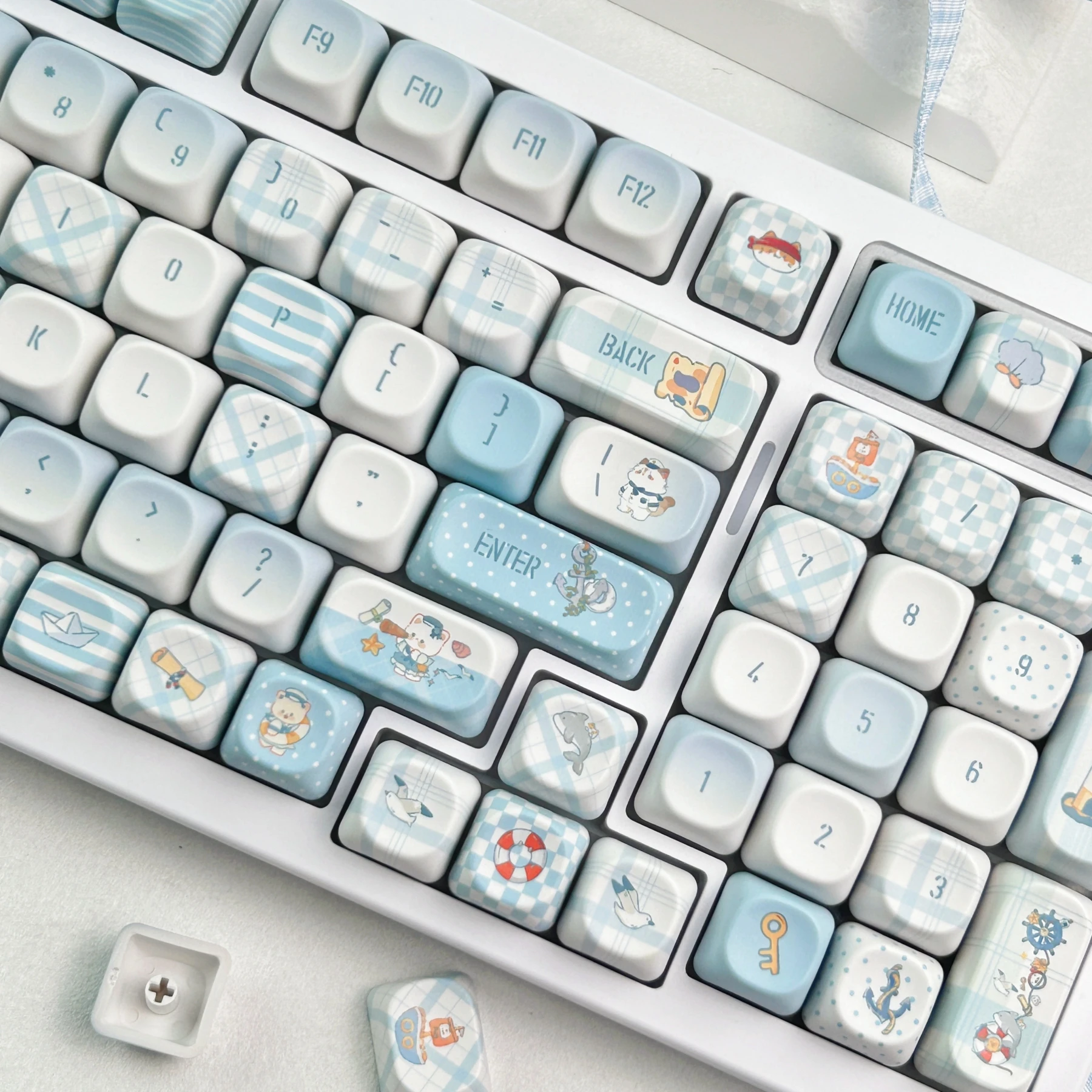 MAIMOOO Kawaii Sailing Cat MOA Keycap PBT Custom Blue White Ocean Style Cartoon Cute Kitten Keyboard Keycaps Korean Russian Thai