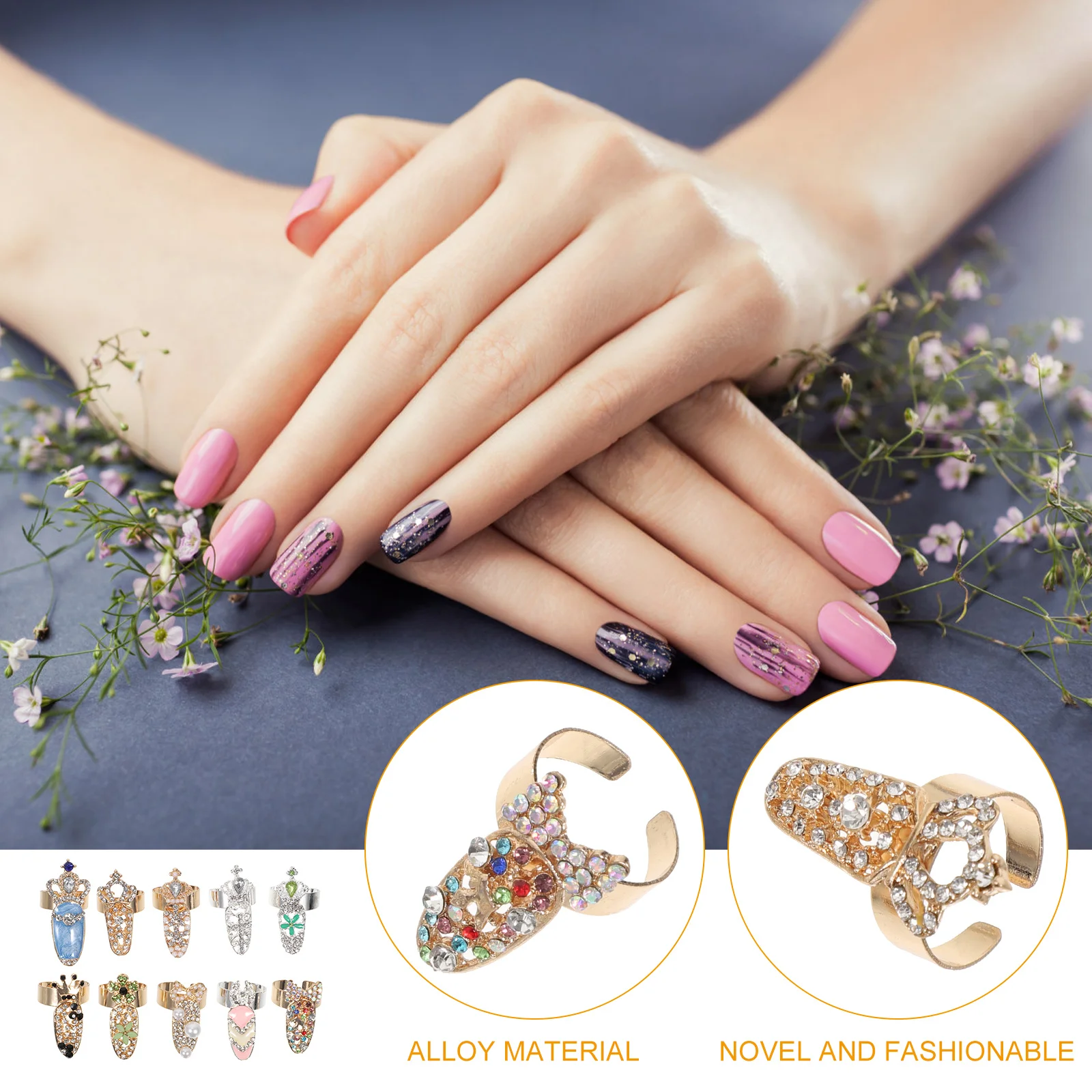 10Pcs Rhinestone Finger Tip Stylish Nail for Women Punk Finger Jewelry Costume Party Accessories