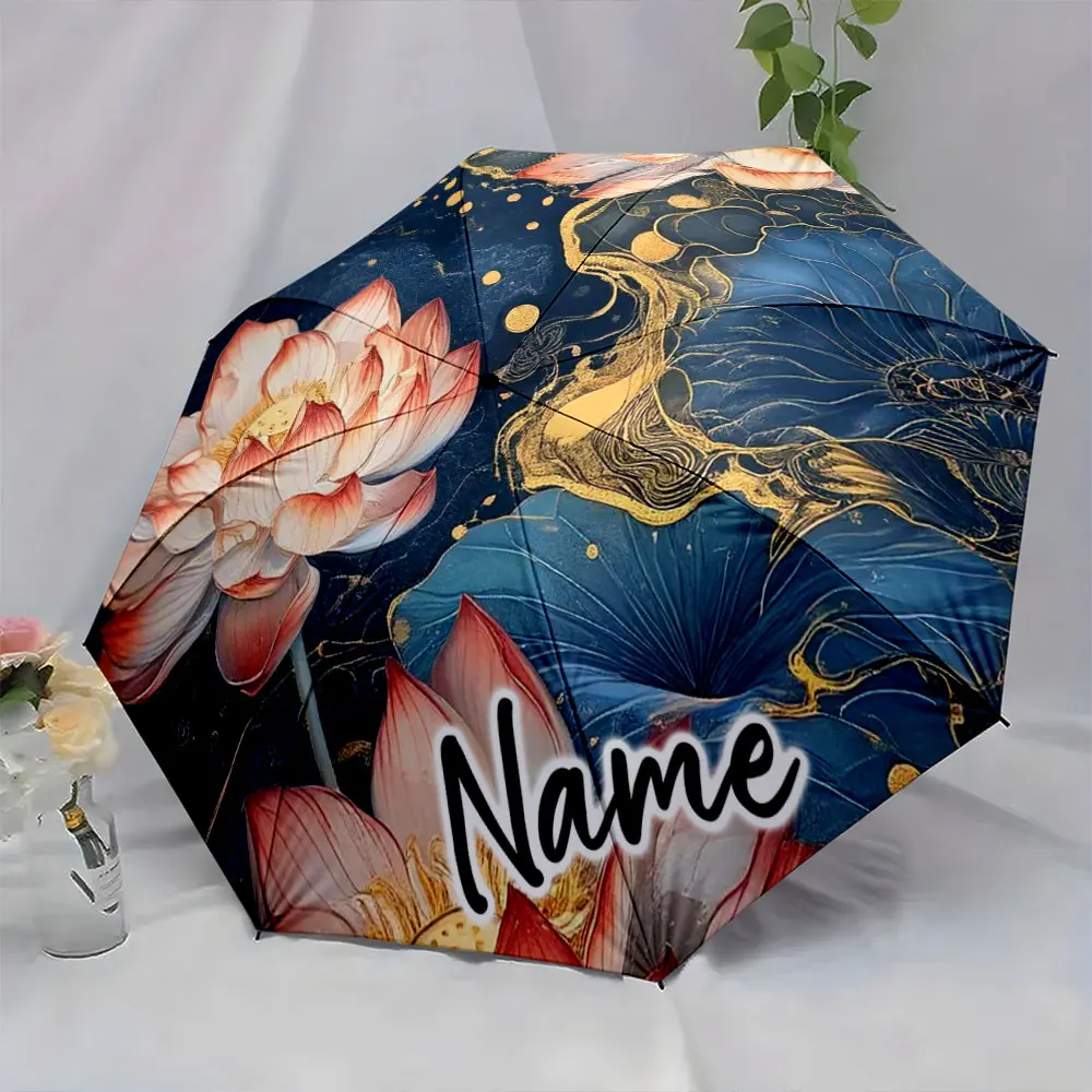Custom Name Elegant Lotus Design Umbrella with Artistic Golden Details 8 Iron Ribs Folding Umbrella Auto-Open Fashion Sunshade