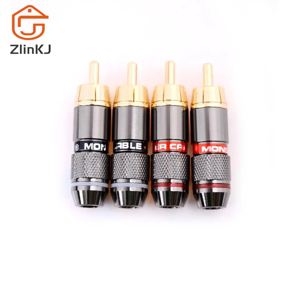 Zlinkj 4 pçs/lote alta qualidade chapeamento de ouro rca conector rca macho plug suporte 6mm cabo atacado
