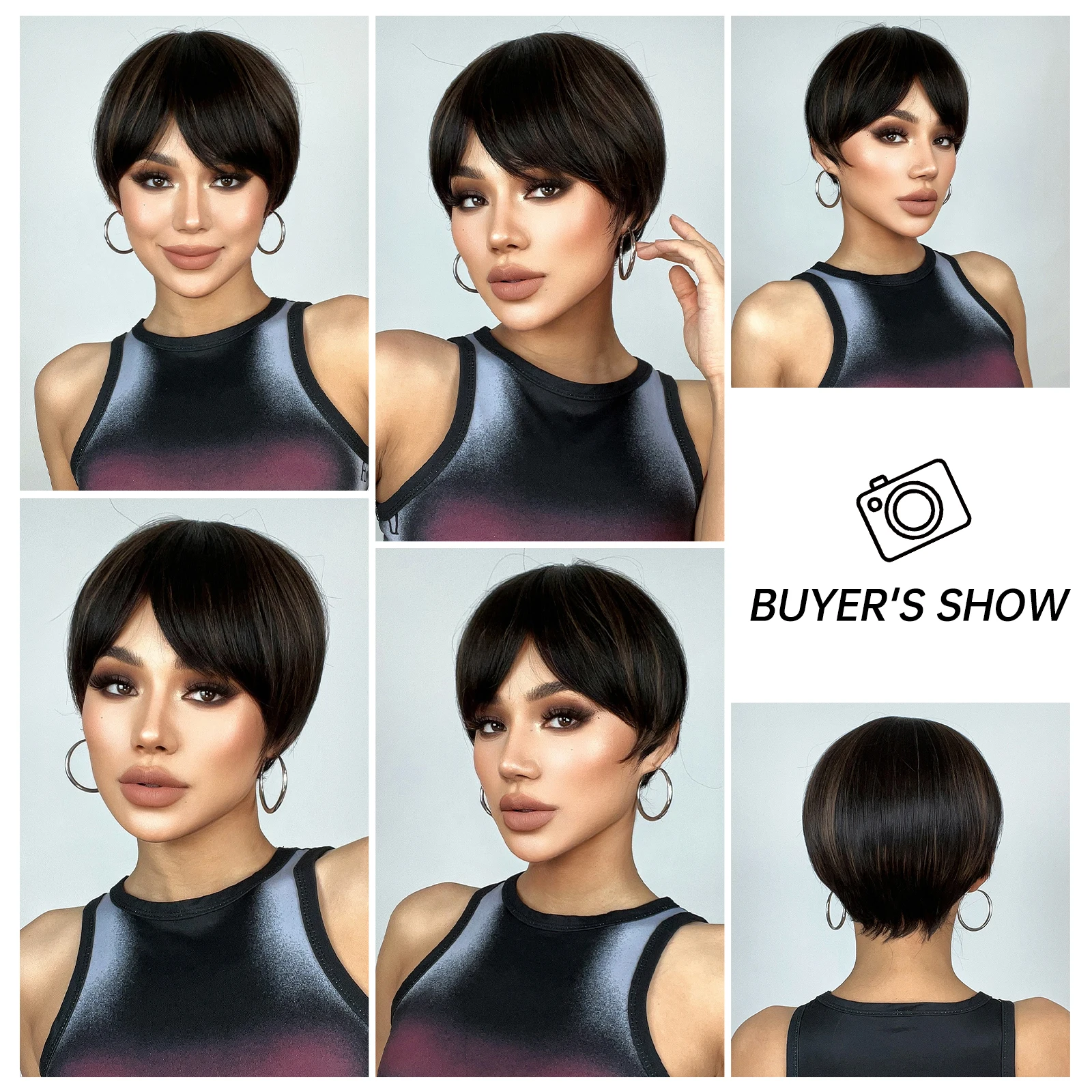 Black Brown Mixed Blonde Synthetic Wigs Short Straight Pixie Cut Wig for Women Natural Layered Hair With Bangs Daily Cosplay Wig