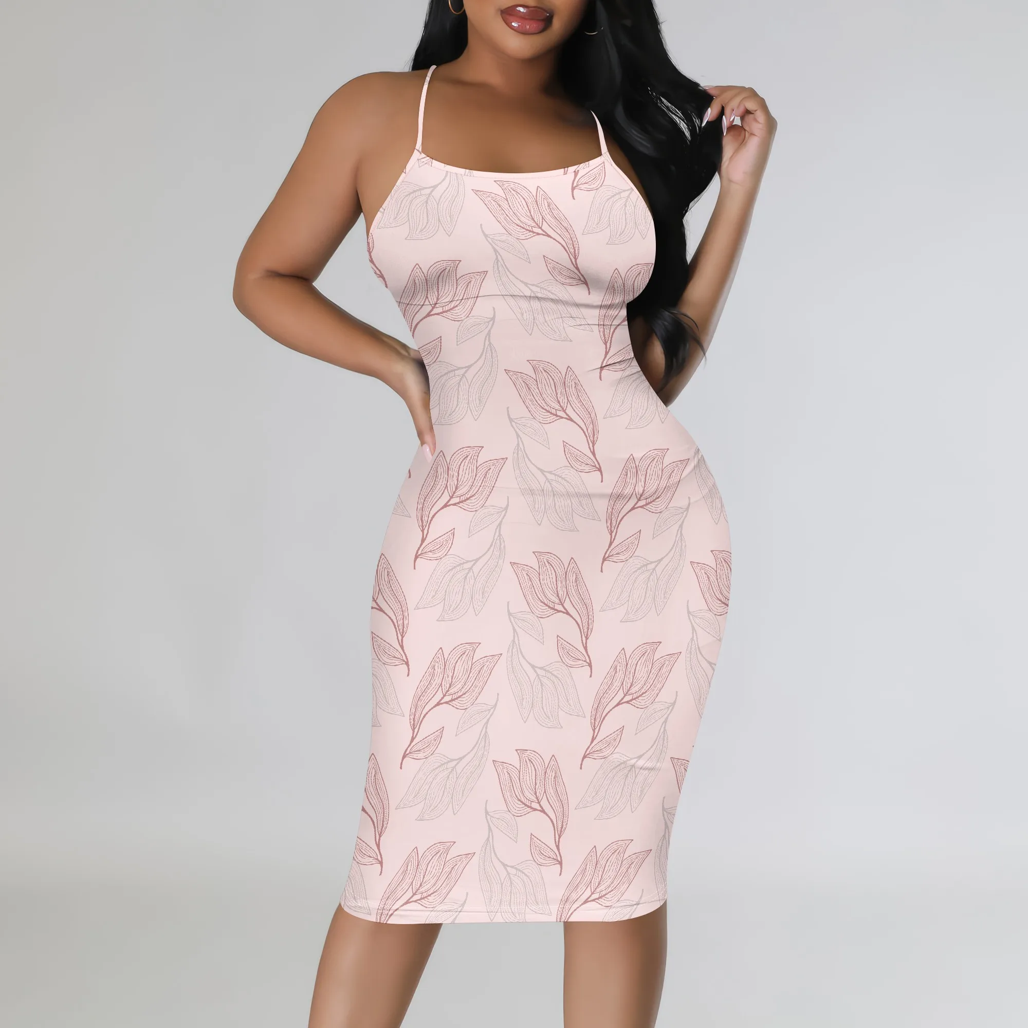 

Women's Summer Boho Leaf Print Bodycon Midi Dress Sexy Stretchy for Beach Garden Party Brunch Outing