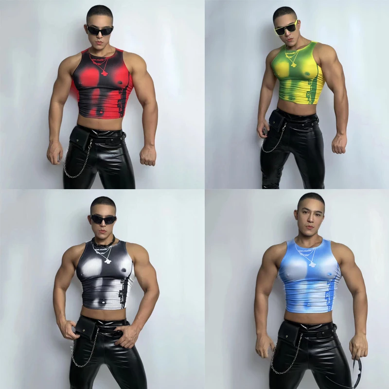 Bar Nightclub Dj Ds Gogo Costumes Male Pole Dance Clothing Men Tie Dyed Vest Leather Pants Rave Outfits Stage Wear XS6479